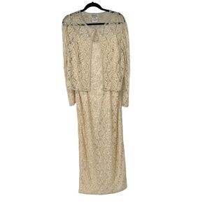 Vintage Stenay Cream Fully Beaded Spaghetti Strap Maxi Dress w/ Jacket‎